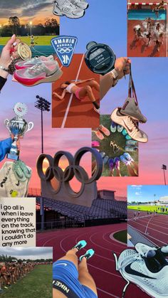 collage of sports related images with the olympic rings and other things in them, including shoes