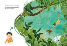 children's book cover with an image of two people swimming in a pond surrounded by tropical plants