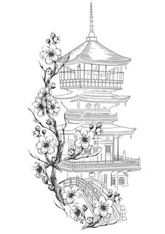 a black and white drawing of a pagoda with flowers on it's branch in the foreground