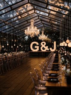 an indoor venue with chandeliers and tables set up for a wedding reception at night