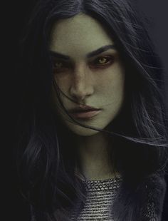 a woman with black hair and red eyes is shown in this artistic photo, she has long dark hair