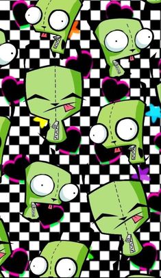 the green cartoon character is on checkered paper with black and white squares in the background