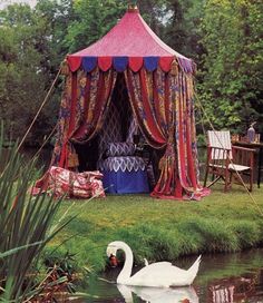 a swan swimming in the water next to a red and blue tent with curtains on it