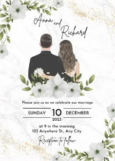 the wedding announcement is shown in white and green with flowers on it, as well as an image of two people sitting next to each other