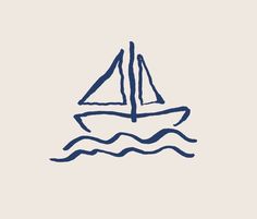 a drawing of a sailboat in the ocean on a white background with blue lines