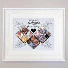 a white framed photo with the words, blessings and hearts on it's side