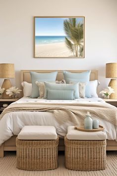 a bedroom with a large bed and two wicker stools