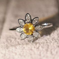 Sunflower Engagement Ring Vintage, Engagement Ring Flower Halo, Promises Rings, Hogwarts Accessories, Sunflower Rings, Sunflower Stuff, Sunflower Cottage, Sunflower Accessories, Citrine Wedding