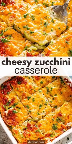 cheesy zucchini casserole in a white dish with a serving spoon