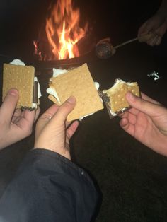 two people holding sandwiches in front of an open fire pit with marshmallows on them