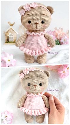 a crocheted teddy bear wearing a pink dress and holding it's hand