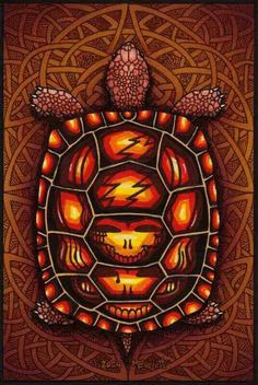 a painting of a tortoise with red and orange colors