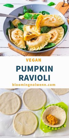 vegan pumpkin ravioli with spinach leaves and cheese