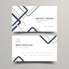 two white business cards with blue lines on them