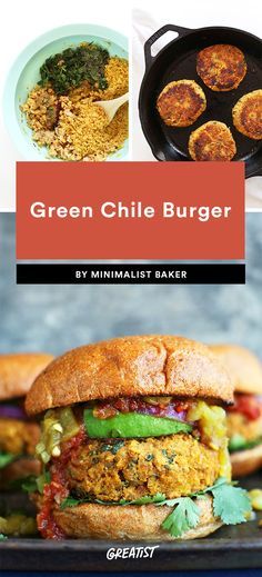 green chili burgers with the title overlaying them in red and white text that reads, green chili burger by minimalist baker