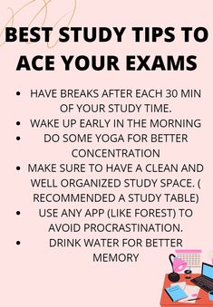 a pink poster with the words best study tips to ace your exam in black and white