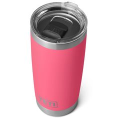 a pink yeti cup with a black lid