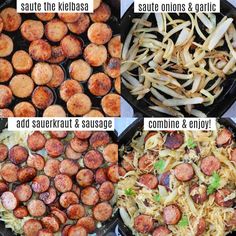 four different types of sausages in pans on a stove top, including saute the kielbasa, sauerkraut and onions & garlic