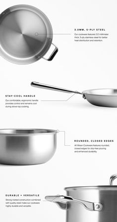 an image of stainless steel pots and pans labeled in english, french, and german