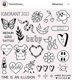 the sticker sheet is shown with different designs and words on it, including hearts, flowers