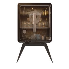 an old fashioned display case with many items in it's glass doors and black legs