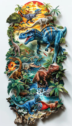 an image of dinosaurs in the wild with trees and plants on it's side