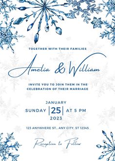 a wedding card with snowflakes on it