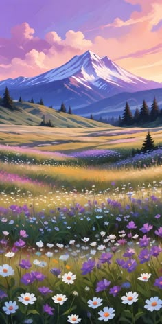 a painting of flowers and mountains in the background