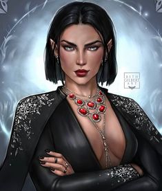 a digital painting of a woman with dark hair and red jewels on her necklaces