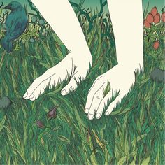 two hands reaching for each other in the middle of tall grass with flowers and birds