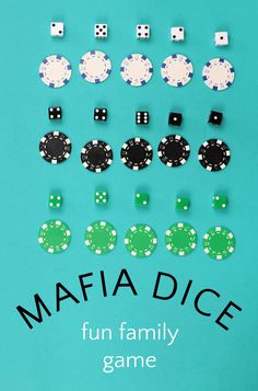 some dices and casino chips on a blue background with the words mafadice fun family game