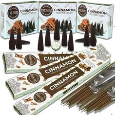 cinnamon incense sticks are shown in front of the box