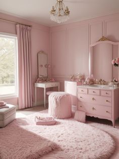 a bedroom with pink walls and furniture