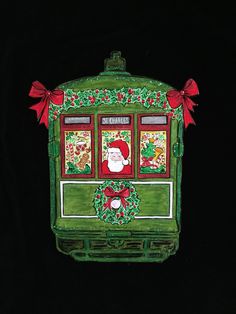 a drawing of a green bus with santa clause on it's side and decorations around the windows