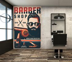 a barber shop poster on the wall next to a chair