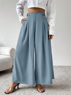 Dusty Blue Casual Collar  Woven Fabric Plain Wide Leg Embellished Non-Stretch  Women Clothing Style Désinvolte Chic, Maxi Pants, Style Casual Chic, High Waisted Pleated Skirt, Button Decorations, Large Clothes, Women Pants, Blouse Styles, Edgy Fashion