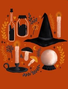 an orange background with various items and witches hats on it, such as candles, bottles, mushrooms, leaves, and other things