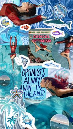 the collage shows images of women in swimsuits, with words on them