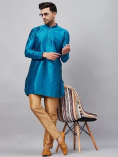 Vastramay mens turquoise blue silk blend kurta and rose gold pant style pyjama set Traditional Wardrobe, Kurta Pant Set, Gold Pants, Turquoise Blue Color, Kurta With Pants, Matching Pants, Blue Silk, Pant Set, Turquoise Color