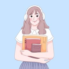 a girl with headphones is holding a book