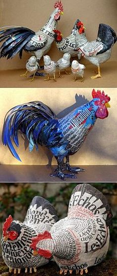 three different types of roosters are shown in the same photo, one is blue and one is red