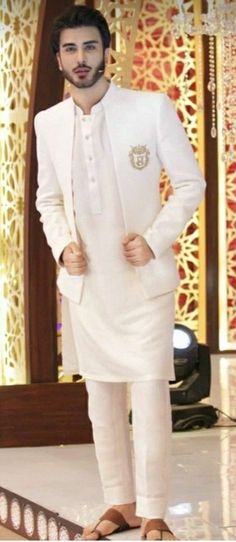 4 Sadri Kurta For Men New, Imran Abbas Kurta Pajama, Kurta For Engagement For Men, White Dabka Sherwani For Groom, White Nehru Jacket With Dabka For Groom, Nehru Jacket For Groom At Eid, White Fitted Sherwani For Semi-formal Occasions, Elegant White Semi-formal Sherwani, Festive White Groom's Set