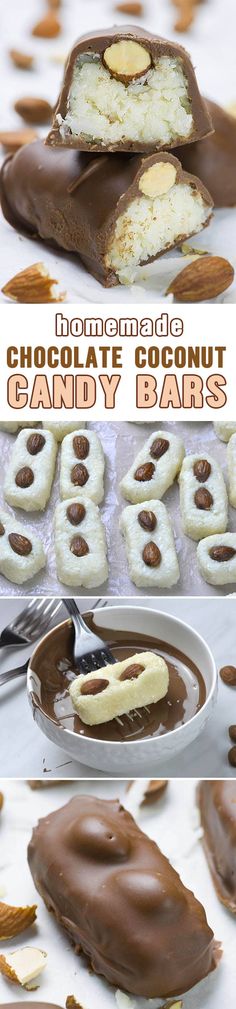 chocolate covered candy bars with almonds on top and in the middle, sitting on a white plate