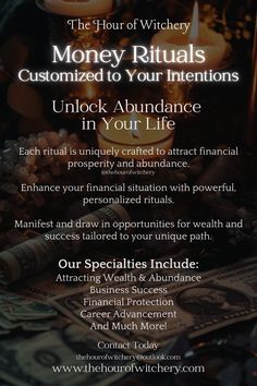 a poster with money and candles on it that says, the hour of wickley money rituals customized to your intentionss unlock abundance in your life