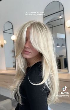 Bright Blonde Hair With Layers, Bright Cool Blonde Hair, Butter Blonde With Shadow Roots, Long Blonde Hair Haircuts, Norwegian Hair Line, Blonde Hair No Dimension, Long Blonde Layered Hair Face Framing, Light Blonde With Bangs, Swedish Blonde Hair Natural