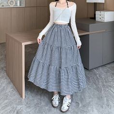 Olivia Mark - Vintage Plaid Midi Skirt with Tiered Cake Layers High Waist A-Line Silhouette Plaid Midi Skirt, Cake Dress, Cake Layers, Tiered Cake, Dress Stretch, Dress Cake, Slip Skirt, Vintage Plaid, Light Blue Denim