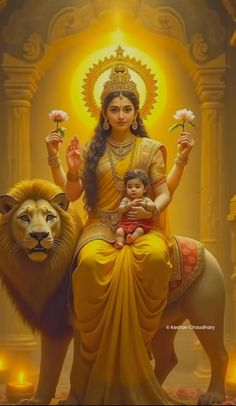 a woman sitting on top of a lion next to a baby in front of a light