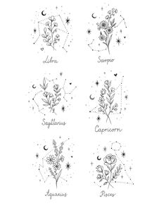 six zodiac signs with flowers and stars on the side, all written in black ink