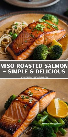 salmon and broccoli on a plate with the words miso roasted salmon - simple & delicious