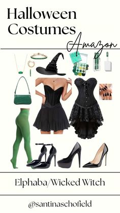 an image of halloween costumes and accessories for the woman in this photo is called, elphaba wickened witch